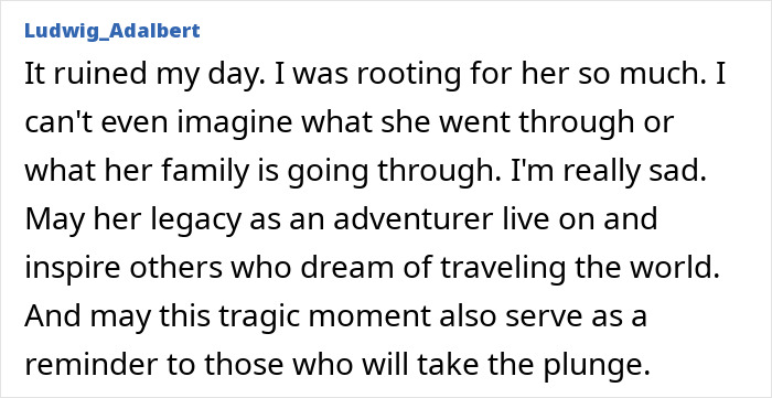 Comment expressing sadness and tribute to adventurer after tourist's final post goes viral following volcano abandonment.