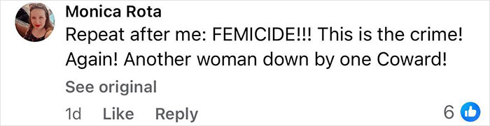 Comment on social media post condemning femicide related to beauty queen strangled by family friend and former teacher after he confessed feelings.