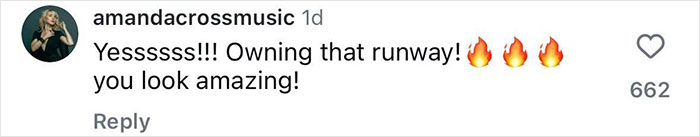 Instagram comment from amandacrossmusic praising a supermodel diet results and stunning bikini appearance on runway.