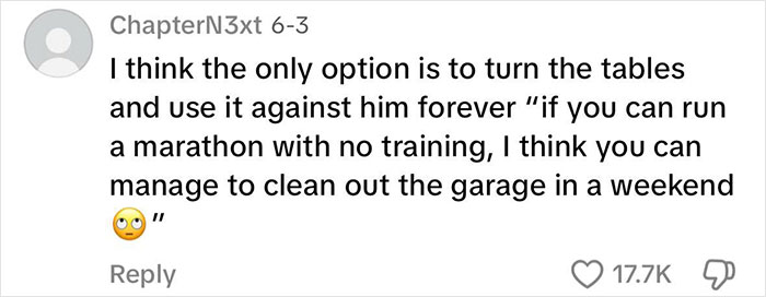Comment on social media discussing running a marathon with zero training and using it to motivate household chores.