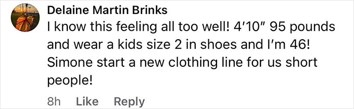 Comment by Delaine Martin Brinks discussing Simone Biles and suggesting a new clothing line for short people.