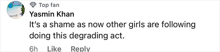 Comment by Yasmin Khan, a top fan, expressing disappointment about others following a degrading act related to adult star news.