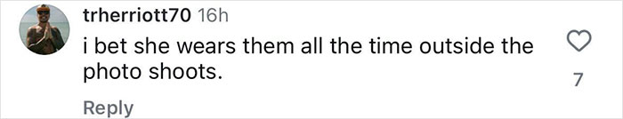Comment from user trherriott70 sharing opinion about wearing items outside photo shoots on social media post.