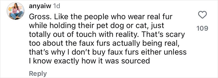 User comment expressing disgust at fashion brand using real cat fur instead of wool, highlighting outrage and fur sourcing concerns. User comment expressing disgust at fashion brand using real cat fur instead of wool, highlighting outrage and fur sourcing concerns.