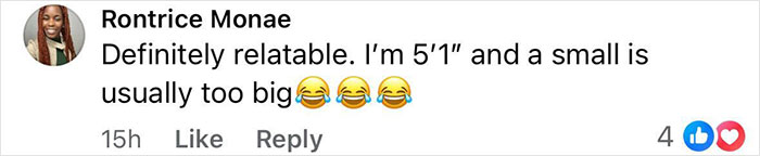 Screenshot of a social media comment by Rontrice Monae about sizing issues with an ill-fitting jacket.