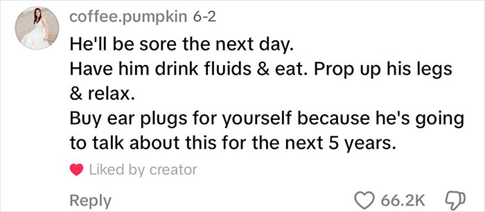 Screenshot of a comment advising post-marathon care for a man signed up by his wife with no training.