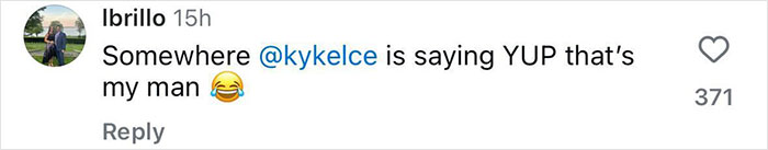 Comment on social media post with user lbrillo mentioning @kykelce and expressing support with a laughing emoji. Comment on social media post with user lbrillo mentioning @kykelce and expressing support with a laughing emoji.
