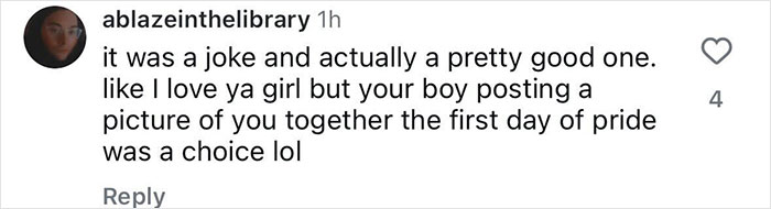 Screenshot of a social media comment discussing Miley Cyrus' pride joke about JoJo Siwa amid backlash. Screenshot of a social media comment discussing Miley Cyrus' pride joke about JoJo Siwa amid backlash.