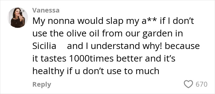 Comment by Vanessa about using olive oil from her Italian grandmother’s garden in Sicilia for authentic egg frying technique. Comment by Vanessa about using olive oil from her Italian grandmother’s garden in Sicilia for authentic egg frying technique.