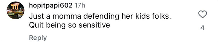 Comment from user hopitpapi602 defending a mom, stating quit being sensitive about the kids' park incident.