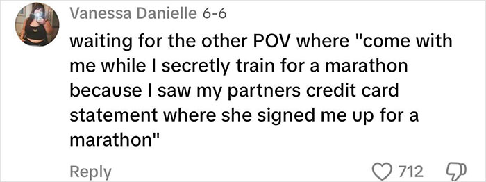 Text comment about secretly training for a marathon after being signed up by wife with only 24 hours notice.