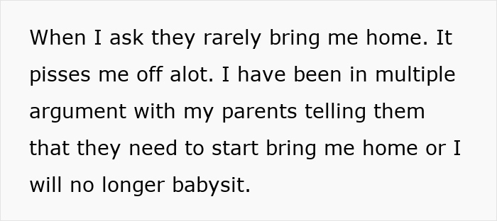 Text showing a teen girl’s struggle babysit step siblings, expressing frustration about not being brought home. Text showing a teen girl’s struggle babysit step siblings, expressing frustration about not being brought home.