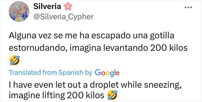 Tweet about letting out a droplet while sneezing compared to lifting 200 kilos, related to viral powerlifting video. Tweet about letting out a droplet while sneezing compared to lifting 200 kilos, related to viral powerlifting video.