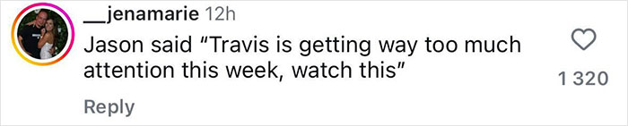 Screenshot of an Instagram comment referencing Jason Kelce's bulge going viral during a charity event underwear strip. Screenshot of an Instagram comment referencing Jason Kelce's bulge going viral during a charity event underwear strip.