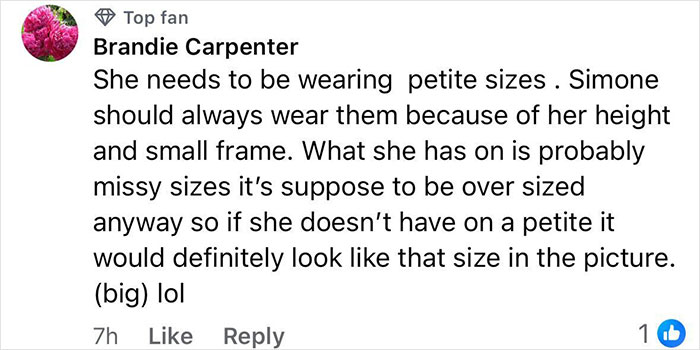 Facebook comment by Brandie Carpenter discussing Simone Biles and ill-fitting jacket from Kylie Jenner's clothing line.