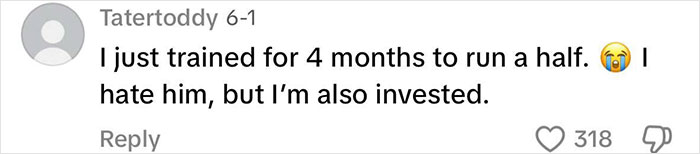 Screenshot of a social media comment about marathon training expressing mixed feelings after signing up last minute.