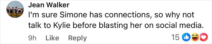 Comment by Jean Walker discussing Simone Biles and Kylie Jenner in a social media conversation about fashion.
