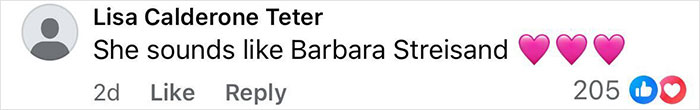Comment by Lisa Calderone Teter saying she sounds like Barbara Streisand with three pink heart emojis, discussing Nicole Scherzinger transformation and Ozempic side effect.