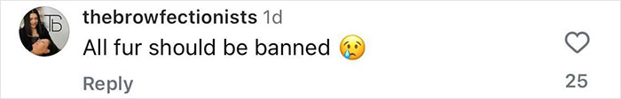 Comment on social media reading all fur should be banned with a crying emoji, highlighting mass fury over cat fur in fashion vests. Comment on social media reading all fur should be banned with a crying emoji, highlighting mass fury over cat fur in fashion vests.