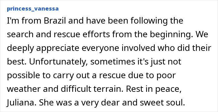 Comment from a user expressing condolences and mentioning search and rescue efforts after tourist abandoned in active volcano.