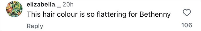 Comment praising Bethenny's flattering hair color, highlighting her look in relation to the supermodel diet keyword.
