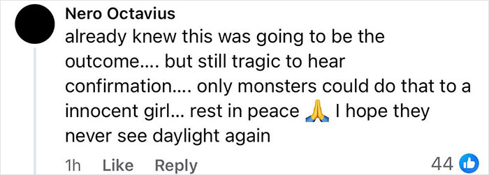 Screenshot of a social media comment expressing grief over human remains found in the search for missing teenager Pheobe Bishop. Screenshot of a social media comment expressing grief over human remains found in the search for missing teenager Pheobe Bishop.