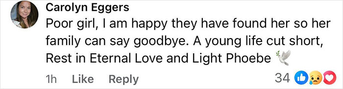 Comment expressing sympathy over human remains found in search for missing teenager Phoebe Bishop, with profile photo. Comment expressing sympathy over human remains found in search for missing teenager Phoebe Bishop, with profile photo.