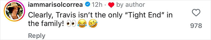 Comment by iammarisolcorrea on social media referencing Jason Kelce's bulge and family humor with emojis in a casual tone. Comment by iammarisolcorrea on social media referencing Jason Kelce's bulge and family humor with emojis in a casual tone.