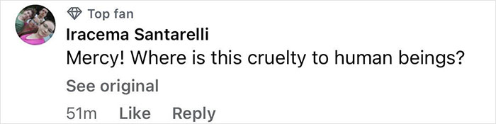 Comment from user Iracema Santarelli questioning cruelty to human beings on social media, related to teen losing life after eating cake.