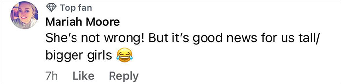 Comment from Mariah Moore, a top fan, agreeing that the ill-fitting jacket is good news for tall, bigger girls.