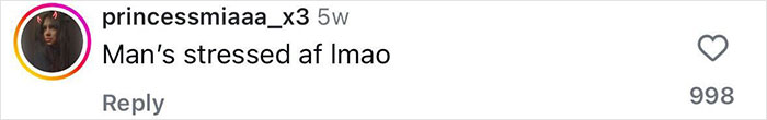 Screenshot of an Instagram comment saying "Man&rsquo;s stressed af lmao" with 998 likes, relating to Diddy's aged look in court.