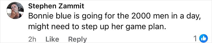 Comment by Stephen Zammit mentioning an adult star aiming to sleep with 2000 men in a day, discussing bold future plans.