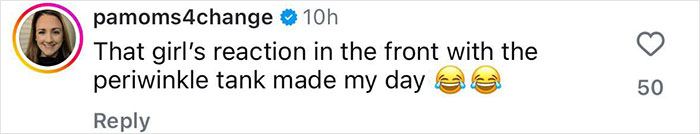 Comment from user pamoms4change reacting to a girl in a periwinkle tank top in a social media post. Comment from user pamoms4change reacting to a girl in a periwinkle tank top in a social media post.