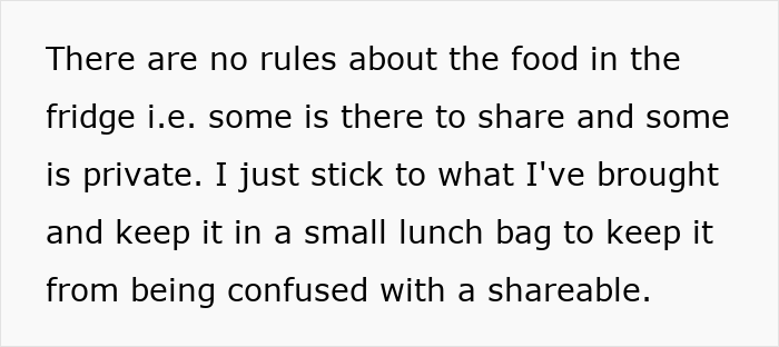 Text excerpt about coworker stealing spicy lunch, explaining food sharing rules and keeping lunch in a separate bag to avoid confusion. Text excerpt about coworker stealing spicy lunch, explaining food sharing rules and keeping lunch in a separate bag to avoid confusion.