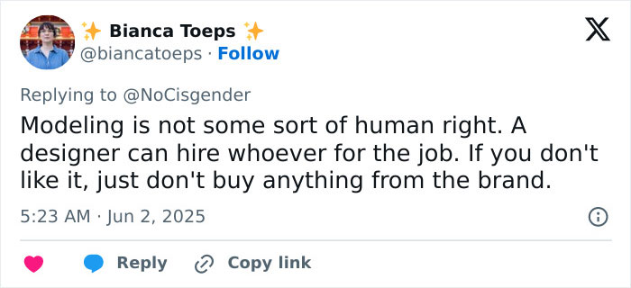 Twitter post about modeling and brand hiring policies amid support for trans model's Miami Swim Week bikini debut.