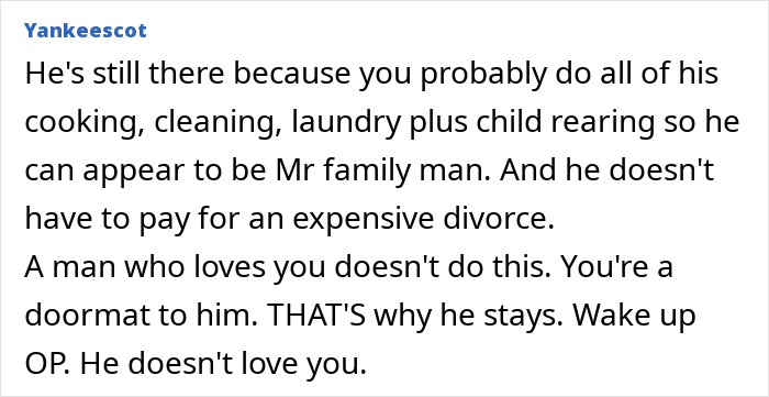 Comment text discussing a wife&rsquo;s doubts about her husband&rsquo;s love despite an 8-year affair in a bizarre situation.