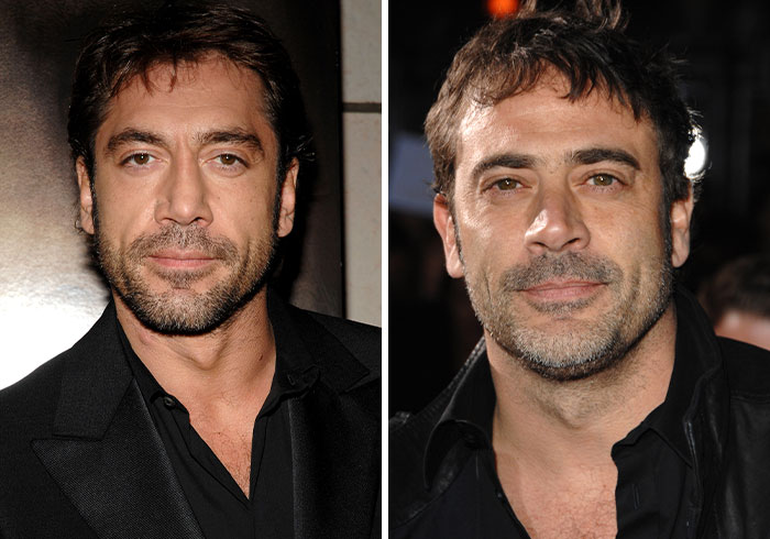 Dos hombres con barba y camisa negra posando, ejemplo de celebridades que se parecen demasiado a otros famosos.