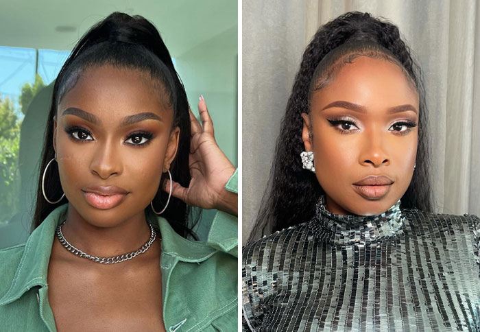 Dos mujeres con peinados similares y maquillaje impecable, mostrando el parecido entre celebridades famosas.