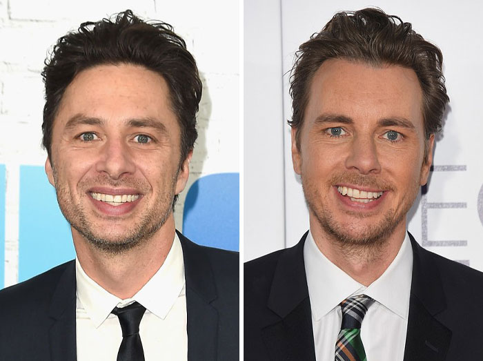 Dos celebridades famosas con gran parecido físico, luciendo trajes formales y sonriendo en eventos públicos.