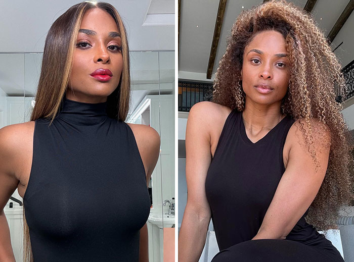 Two makeup-less celebrities in black tops showing natural looks behind the scenes with no makeup or filters.