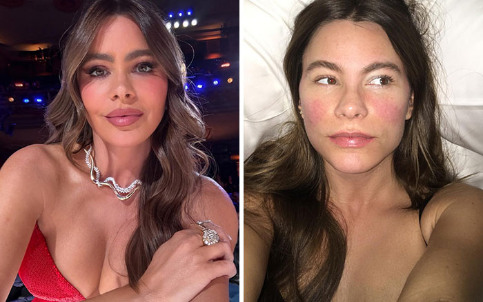 Celebrity portrait in glamorous makeup and natural no-makeup look, showing makeup-less celebrities behind the scenes.