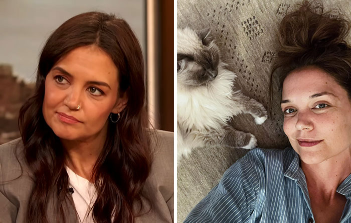 Actress showing natural look with no makeup on a talk show and relaxing at home with a cat, makeup-less celebrities behind scenes.