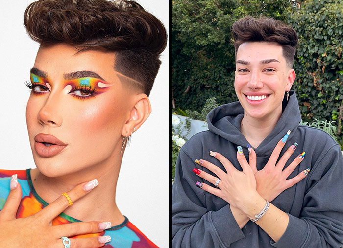 Close-up of a makeup-less celebrity smiling outdoors, showing natural skin and colorful nails behind the scenes.