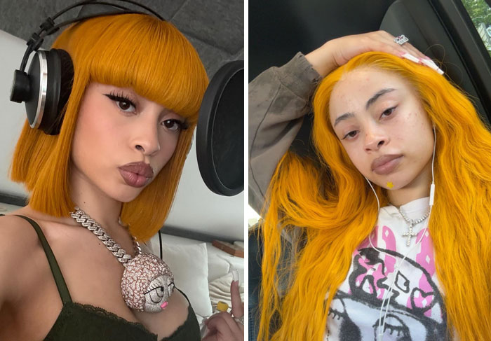 Celebrity with bright orange hair wearing makeup in a recording studio and the same celebrity makeup-less behind the scenes.