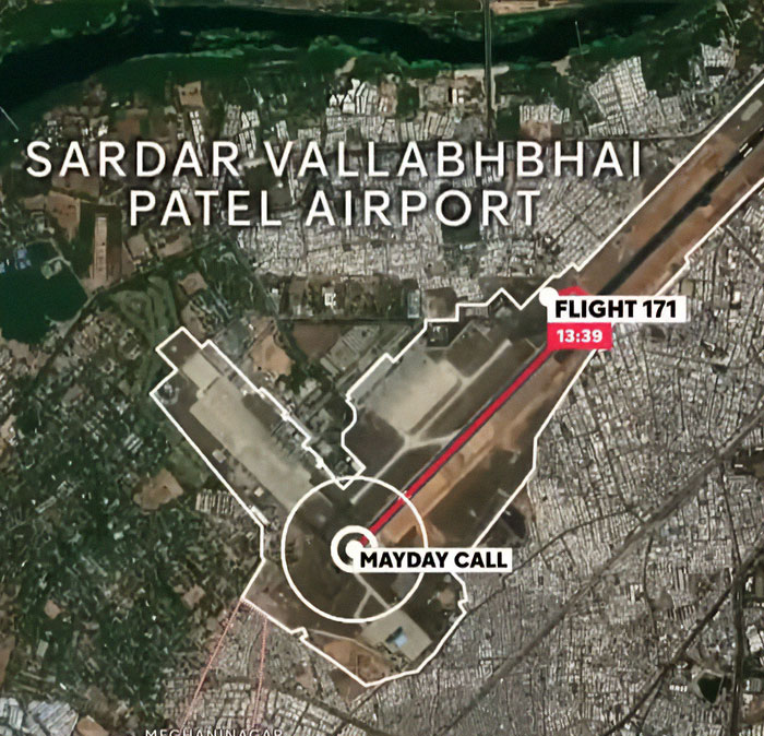 Aerial view of Sardar Vallabhbhai Patel Airport showing flight 171 and the pilot's final mayday call before crash.
