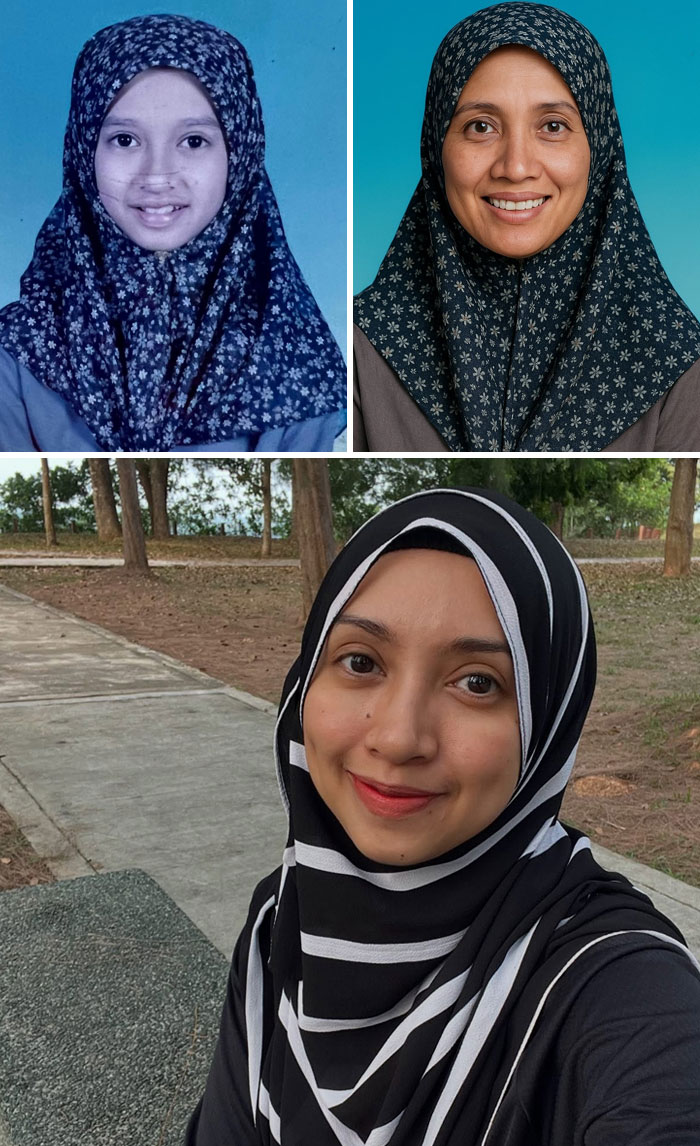 Young woman in hijab shown in childhood photo, AI aged-up prediction, and recent outdoor selfie comparison.