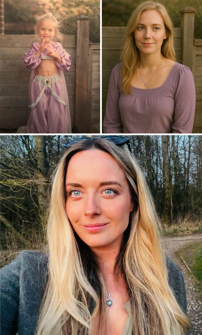 Collage of a woman shown as a child, young adult, and adult, illustrating ChatGPT aging up childhood photos comparison.