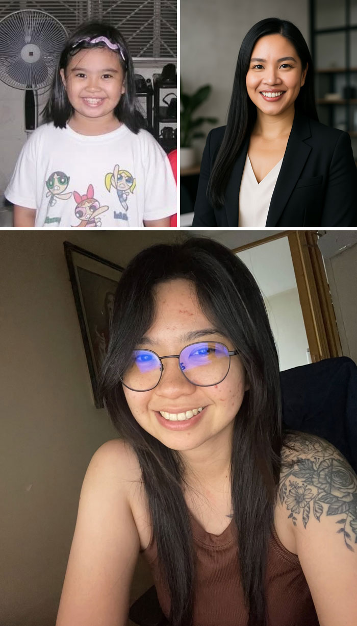 Collage showing childhood and adult photos of the same woman illustrating age up predictions with ChatGPT.