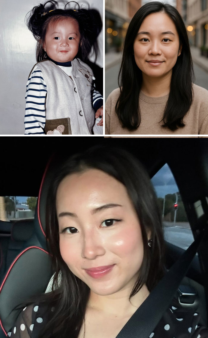 Collage showing childhood photo, aged-up AI prediction, and current photo of a woman comparing ChatGPT age progression results.