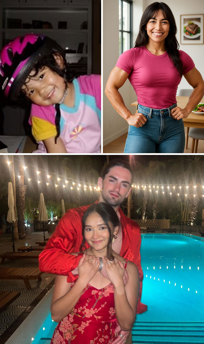 Collage showing childhood photo and adult versions of people for ChatGPT age up childhood photos and prediction comparison.